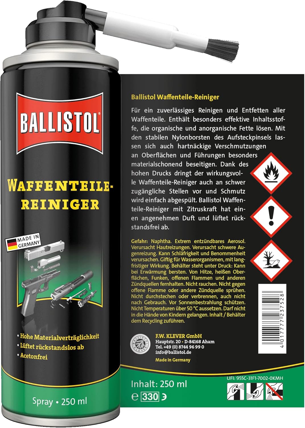 BALLISTOL 23752 Gun Parts Cleaner 250 ml - Gun Parts Cleaning and Degreasing - Nylon Bristle Fastening Brush
